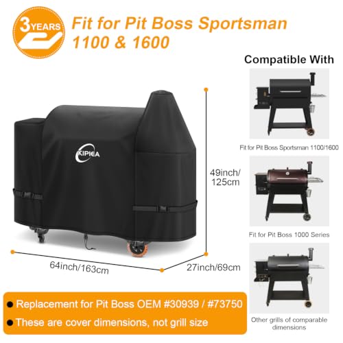 Image of Kipiea 600D Pellet Grill Cover for Pit Boss Sportsman 1100 & 1600, and Mahogany 1000 Series, Waterproof BBQ Smoker Cover, UV Resistant, No Tear, No Fading