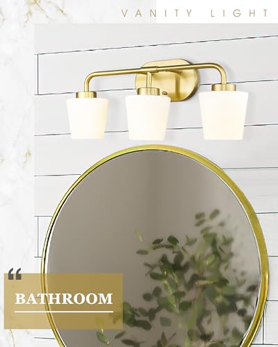 Image of Brushed Gold Bathroom Vanity Light, Farmhouse Brass Sconces Wall Lighting with Milk White Glass, 3-Light Bathroom Light Fixture Over Mirror, AD-22004-3W-GD