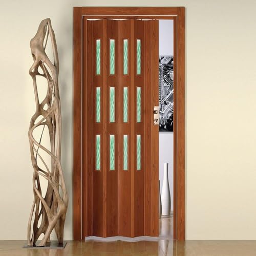 Decorspace Falttür Luciana für den Innenbereich, 88,5 x 214 cm, aus PVC Made in Italy, Kirsche mit neutralem Glas