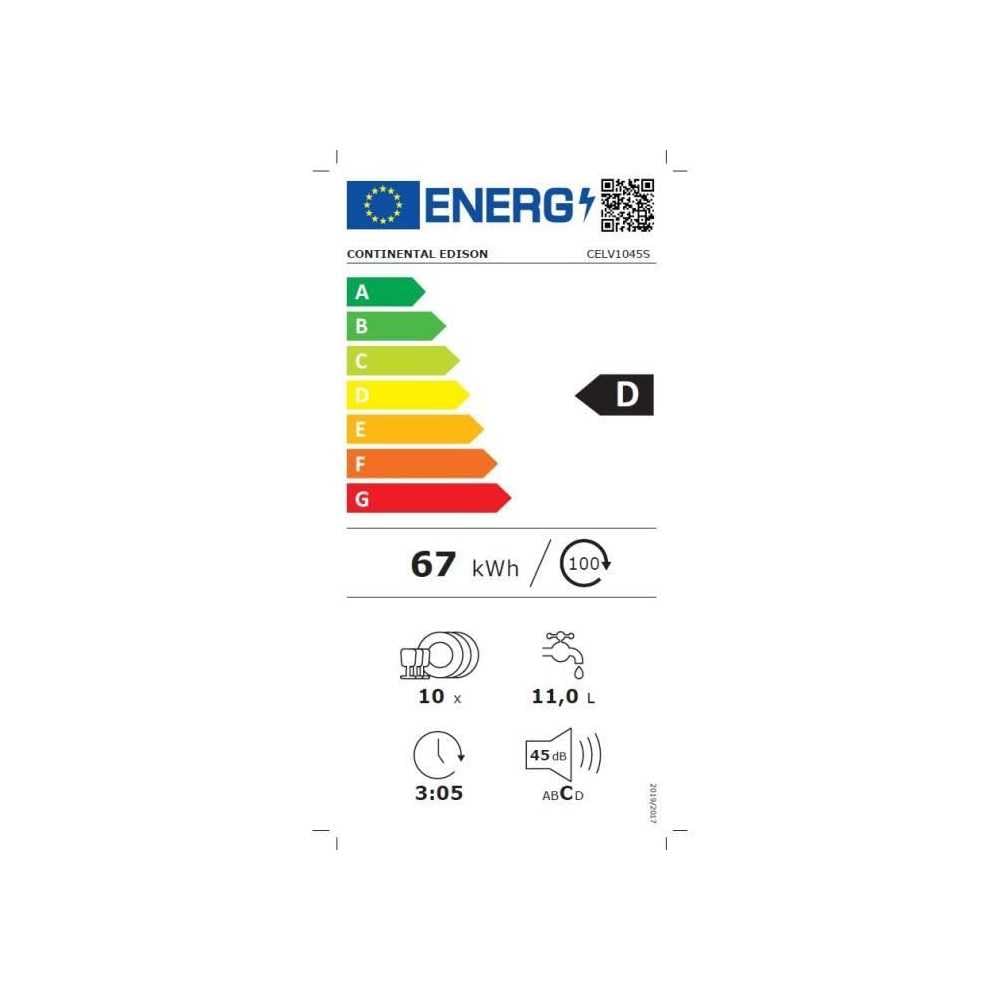 Lave-vaisselle pose libre CONTINENTAL EDISON - 10 couverts - Largeur 44,8 cm - Classe D - 45 dB - Silver
