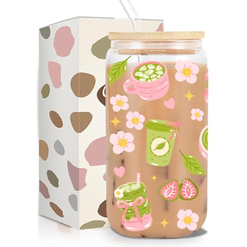 kdxpbpz Matcha Girly Glass Cup, Matcha Lovers Gift, Kawaii Glass Tumbler, 16 oz Cafe Aesthetic Iced Coffee Cup with Lid Straw