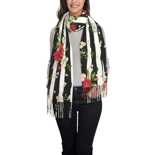 Foulard et écharpe à franges motif roses rouges en noir et blanc