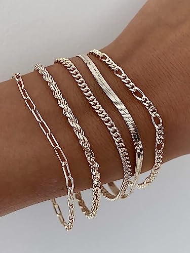 Image of DEARMAY Gold Bracelets for Women Waterproof Stackable Dainty 14K Gold Plated Rope Cuban Snake Paperclip Figaro Link Chain Pack Bracelet Adjustable Non Tarnish Fashion Accessories Jewelry Sets Gifts for Womens Mom