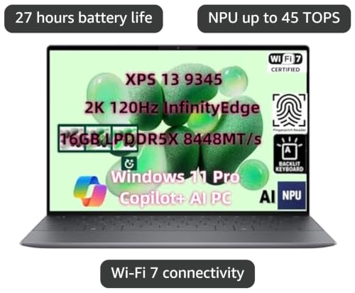 Image of New XPS 13 9345 Business Laptop, Copilot+ AI PC (13.4 inch 2K 120Hz InfinityEdge Display, Snapdragon X Elite (> Core i7-1355U), 32GB RAM, 4TB SSD), Thin Light, 27Hrs Battery Life, Win11 Pro, USB-C Hub
