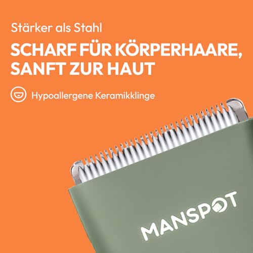 MANSPOT Intimrasierer Mann, Körperhaartrimmer für Herren, Professioneller Body Trimmer Wasserdicht mit 4 Scherkämmen – Für Trimmen von Brust, Beinen, Achseln & Intimbereich – Nass & Trocken