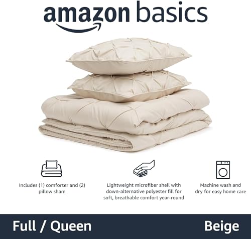 Image of Amazon Basics Soft, Breathable Queen Size Comforter Set, All-Season Down-Alternative 3-Piece Bedding Set, Pinch Pleat Design with Piped Edges, Full /Queen, Beige