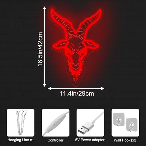 Image of Baphomet Neon Sign Gothic Dark Led Light Satan Wall Decor | Black Goat Wall Art Dark Art Gothic Home Decoration USB Powered Dimmable Halloween Decor Gift for Goth Lover 16.5 inchx11.4 inch