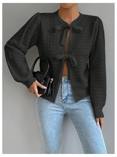 Image of GORGLITTER Women's Long Sleeve Tie Front Cardigan Fall Sweaters Lightweight Crochet Knit Tops Black X-Large