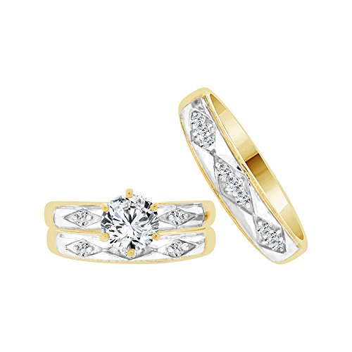 14k Yellow Gold White Rhodium, Trio 3 Piece Set Wedding Rings Round Created CZ Crystals 1.0ct
