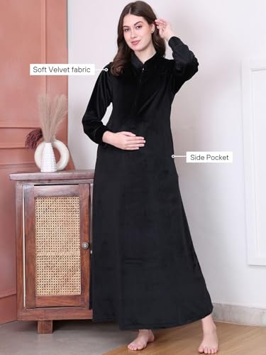 Image of Secret Wish Solid Velvet Maternity Nighty Full Length