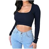 LuckycatDD Mode Femmes Solide col en U à Manches Longues Coupe Basse Pull Pull Mince côtelé Pull Hauts Courts