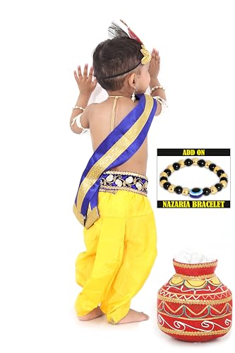 Image of Krishna Dress for Kids, Baby Krishna Dress for Janmashtami with Krishna Mukut, Peacock Feather & Flute Embroidered Krishna Costume for Girl & Boy, 3 Months-8 Years