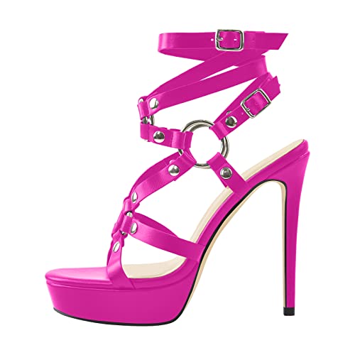Image of VERISSON Women's Grommets Stiletto Sandals Platform Open-back High Heels Cross Bands Open Toe Buckle-up Ankle Sandals Party Dressing