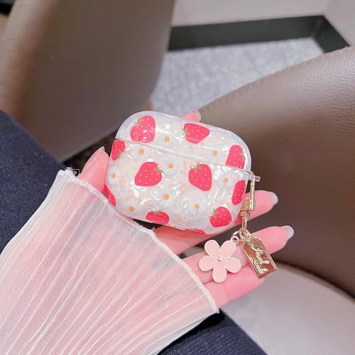 Image of MINSCOSE for Cute Glitter AirPods Pro /Pro 2 Case,Shell Pattern Girly Strawberry Design with Trendy Floral Keychain,Soft TPU Protective Cover with Cleaner Kit for Girls Women for AirPods Pro /Pro 2-Red