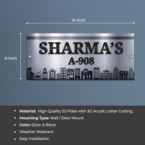 Image of BEE CREATIVE Laser Cutting Customise Name Plate for Home Entrance (Silver Elegance) | Modern Acrylic Name Plate for Main Door, Outdoor Name Board, Stylish Design for Flats, Apartments