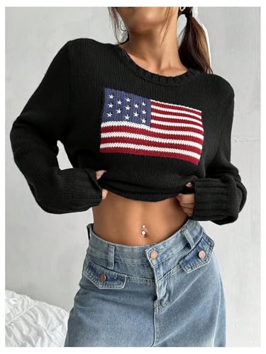 Image of SweatyRocks Women's Flag Pattern Long Sleeve Round Neck Sweater Casual Loose Pullover Sweater