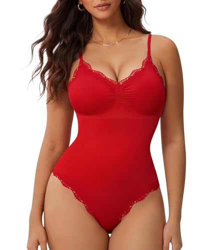 Nebility Bodysuits for Women Lace Bodysuit Thong Shapewear Tummy Control Sleeveless Going Out Cami Tank Tops Body Suit (Red Medium)