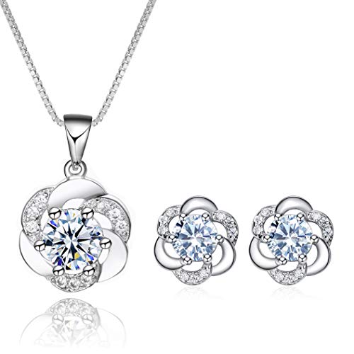 Josfeva Ensemble de Bijoux Parure Femme Argent Fin 925 avec Zircon Cubique Blanc, Parure de Bijoux Boucles d'oreilles Collier en Forme de Fleur/Trèfle, Clous...