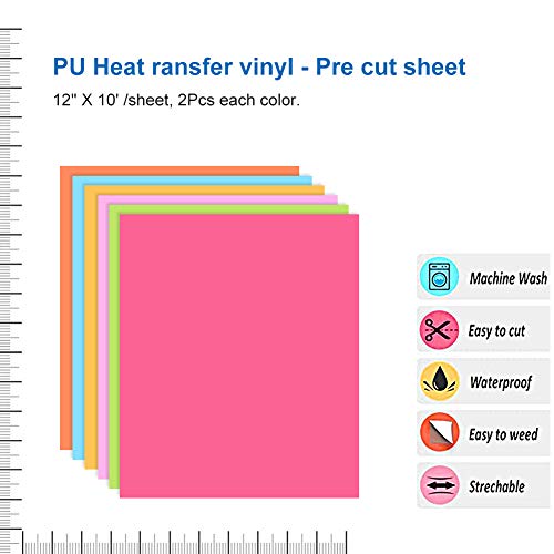 Htv Heat Transfer Vinyl Bundle - 12 Pack 12"X10" Neon Color Iron On Vinyl, Easy To Weed Htv Vinyl Compatible With Silhouette Cameo Or Heat Press (6 Colors) #TOP1