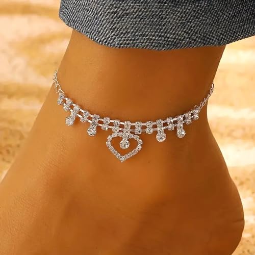 Image of Fesciory Silver Ankle Bracelets for Women, Adjustable Rhinestone Pendant Tennis Anklet, Butterfly Heart Infinite Diamond Summer Beach Foot Chain Jewelry Gifts