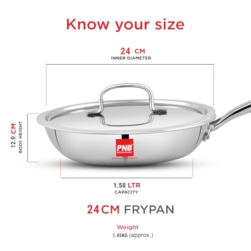 Image of PNB Kitchenmate Triply Steel Frying pan with lid -24 cm | Triply Cookware - 5 Year Warranty| Stainless Steel Fry pan | Stainless Steel Cookware Set | Frying pan Induction | Fry pan Steel Stainless