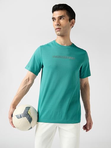 Image of TECHNOSPORT Men's Printed Slim Fit Henley Neck T-Shirt ELASTOLITE Half Sleeve Slip On Polyester for Gym Running Workout UPF50+ Anti Odour