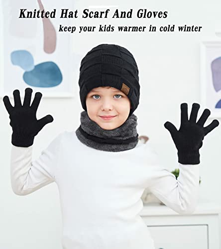 Image of KMOLY Kids Winter Beanie Hat Scarf Touchscreen Gloves Set for Boys Girls 4-15 Years Warm Skull Cap Fleece Lined Knitted Hat