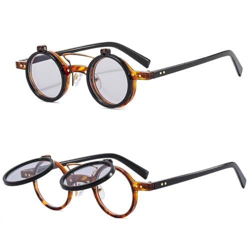Image of HYLLE Retro Flip-Up Round Goggles Seampunk Sunglasses for Men Women 90s Style