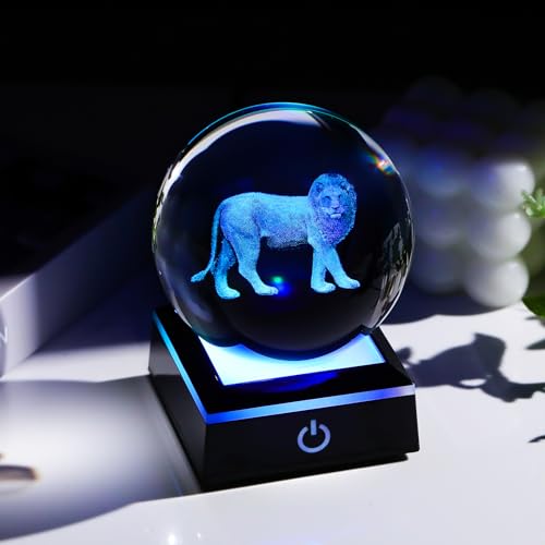 Image of Arikyrist 3D Lion Figurine Crystal Ball with LED Base Laser Lion Gifts for Men Women on Christmas Birthday Decorative Lion Statue Ball Glass Animals Globe Night Light for Home Decor (80mm)