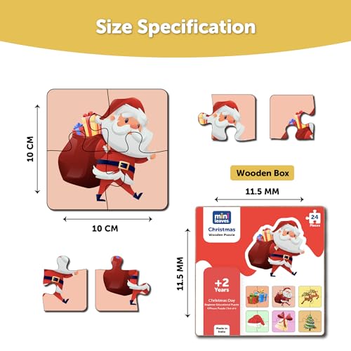 Image of Mini Leaves Christmas 4 Pieces Wooden Jigsaw Puzzle Set of 6 with Wooden Box for Kids 2+ Above | Social Development | Fine Motor Skills Development
