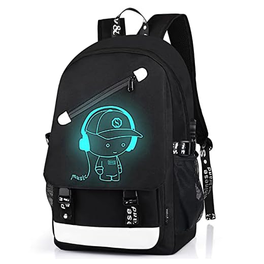 School Backpack for Boys, Cartoon Luminous Bookbag 15.6inch Laptop Bag with USB Charging Port - Music Black