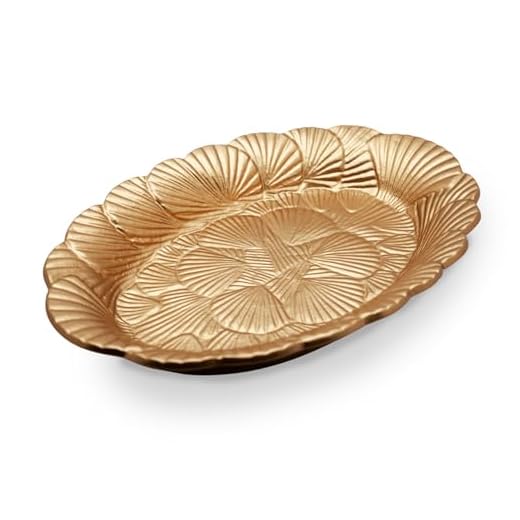 Shell Pattern Gold Brass Colored Oval Serving Tray Seashell Platter - Decor for Beach House, Sea, Ocean Gift Idea Seashell Design - Boho Home Decor, Kitchen, Bathroom or Vanity Decor - 12 x 8.5