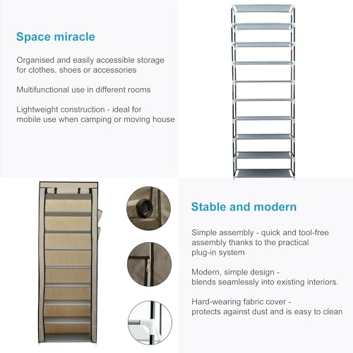 INTIRILIFE Faltschrank 170x58x28 cm in Creme BEIGE - Mit Reißverschluss Stoffschrank Kleiderschrank Schuhregal mit 9 Ablagefächern - Camping Steckschrank Textil Garderobe
