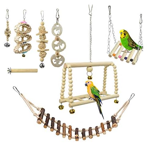 aleawol 8 Pcs Bird Cage Toys Budgie Toys Parrot Chewing Toys Parrot Swing Perch Natural Wood Hanging Swing Bridge Ladders Ball Bell Bird Toys for Budgie Cockatiel Finches Parakeets Macaws Love Birds Cover