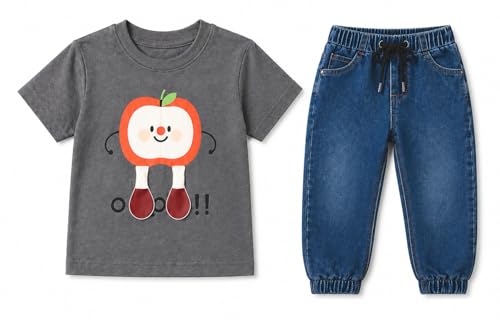 Image of Bold N Elegant Toddler Boys Clothing Set Apple Print T-Shirt with Denim Jogger Pants | Kids Casual Summer Outfit Set | Soft Cotton Tee & Elastic Waist Jeans