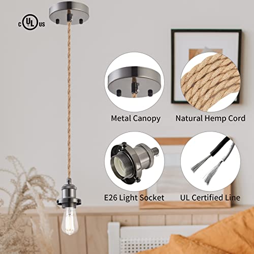 Image of Industrial Mini Pendant Light Kit, E26 Socket Pendant Hanging Light, Hemp Rope Vintage Hanging Pendant Light Cord, Adjustable Pendant Lights Ceiling Mount Kitchen Island Farmhouse