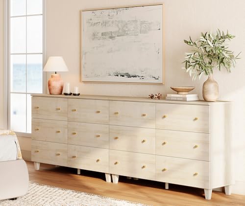 Image of WAMPAT 12 Drawer Dresser for Bedroom, Modern Chest of Drawers with Gold Knobs, 94.4 Inch Wide Storage Organizer for Kids Room, Living Room, Nursery, Light Oak Wood Finish