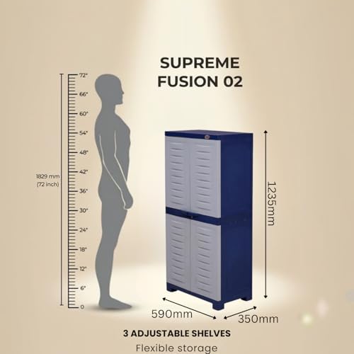 Image of Supreme Furniture Fusion 02 Multipurpose Plastic Cupboard | 40-Months Warranty* |2 Door Tall Storage Cabinet with 3 Adjustable Shelves & Center Lock | Big Water Organiser for Bedroom| DIY | Blue Grey