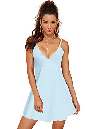 SheIn Women s V Neck Adjustable Spaghetti Straps Sleeveless Sexy Backless Dress Large Light Blue