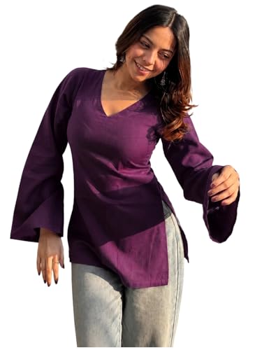Image of ANNI Designer Short Kurti for Women Solid Design | V Neck Full Sleeve Kurti Tops for Women | Stylish Kurtis & Short Kurtis for Woman | Casual Kurti with Jeans | Kurtas for Woman