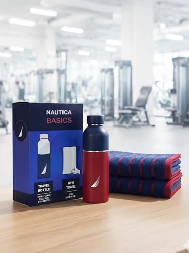 Image of NAUTICA Combo Set Gym Towel + Bottle | 3 PC Set- 1 Single WALL Bottle + 2 PCS Hand Towel | Combo Set for Gym, Yoga, Running & Training |Blue /RED