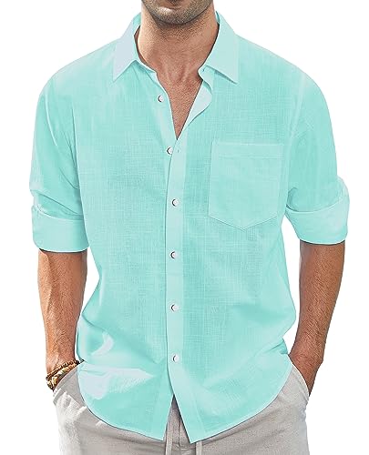 J.VER Leinenhemd Herren Regular Fit Leinenshirt Freizeithemd Sommer Businesshemd Casual Strandhemd Shirt mit Brusttasche,Mintgrün,L