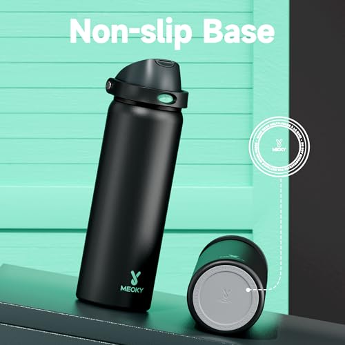 Image of 32 oz Insulated Water Bottle for Sports: Meoky Stainless Steel Water Bottle with 2-in-1 Straw and Spout Lid - Leak Proof, Cold for 24 Hours, Protective Silicone Base, BPA-Free for Gym, Foggy Tide