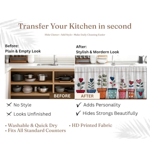 Image of Under Sink & Counter Curtain for Modular Kitchen - Printed Fabric Rod Pocket Hanging Skirt, Washable Under-Counter Cover, Pack of 2 Panels (Each Panel: 150 x 70 cm) (Flower Port)
