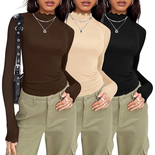 Ekouaer Long Sleeve Shirts for Women 3 Pack Mock Neck Thermal Tops Basic Undershirt Casual Basic Tee