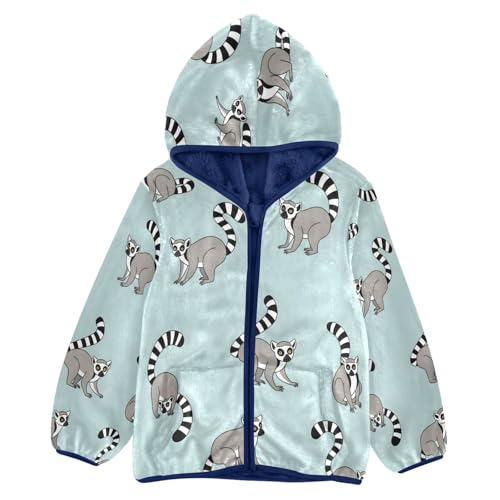 Lemur Pattern on Light Blue Toddler Fleece Jacket Girl Boys Hooded Fleece Jacket Coat Warm Outwear Zip-up 3-10T