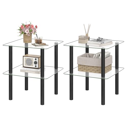 Image of GIANTEX Square End Table Set of 2, 2-Tier Sofa Side Table with Clear Tempered Glass Top & Shelf, Small Accent Table with Solid Rubber Wood Legs for Living Room Bedroom Home Office (Black & Clear)