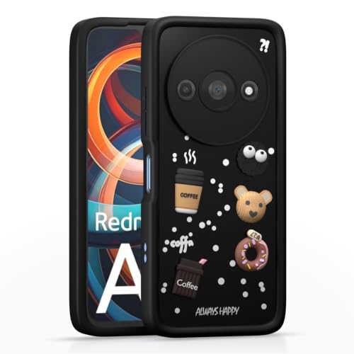 Image of Bintage Cute Fun Ball | Taddy Cartoon 3D Smiley Coffee Cup | Milk Donut | Full Protection Rubber Back Cover Compatible for REDMI A3x 2024 - Black