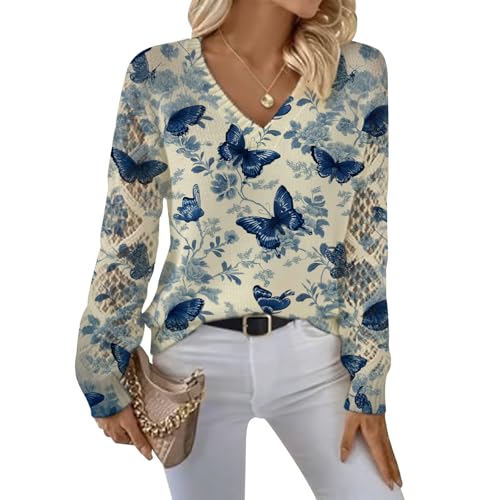 Geleglaer Womens Floral Sweater Lightweight Long Sleeve V Neck Crochet Sweaters Fall Casual Cute Print Knitted Pullover Tops