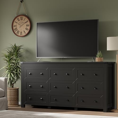 Image of BORNOON 9-Drawer Dresser, Modern Wooden Storage Chest of Drawers, Dresser TV Stand, Wood Drawer Organizer with Metal Handles for Bedroom, Living Room, Hallway